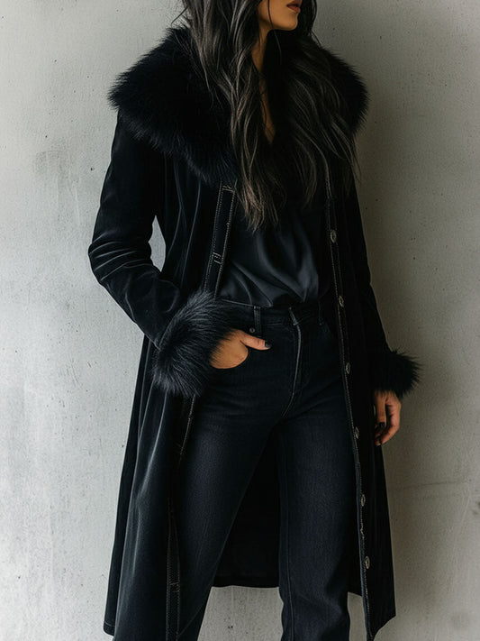 Black Velvet Long Coat with Eco Fur Collar - view 2