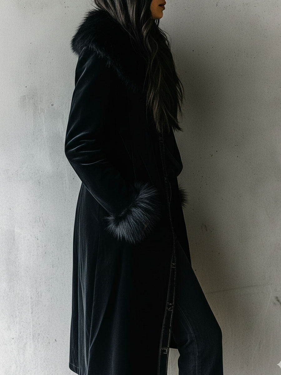 Black Velvet Long Coat with Eco Fur Collar - view 3