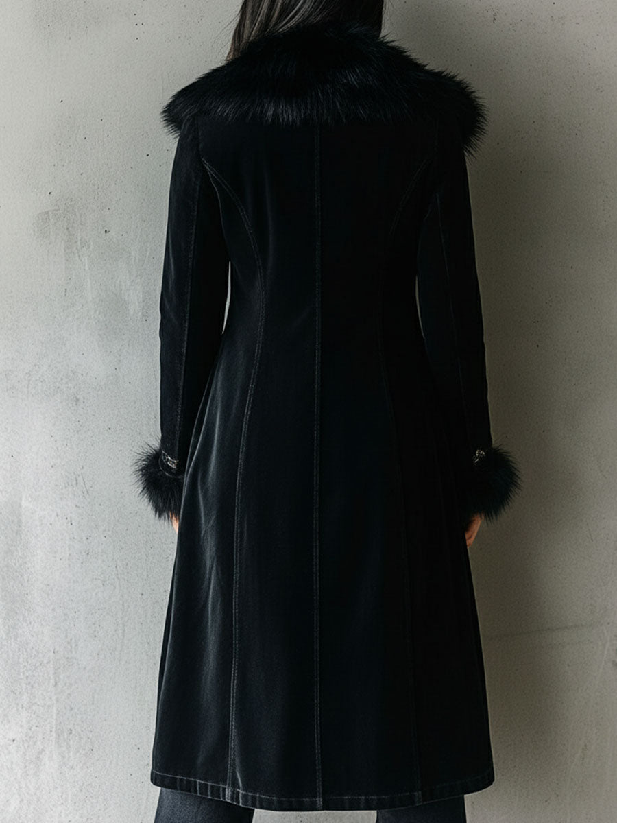 Black Velvet Long Coat with Eco Fur Collar - view 5