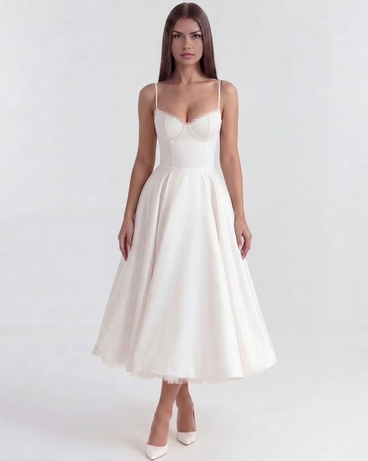 Élodie - White Corset Satin Midi Dress