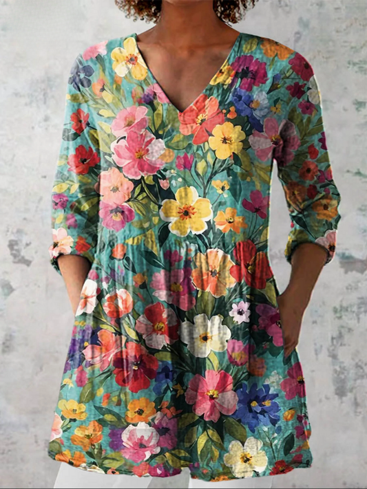 Nora - Long Blouse with V-Neck - Multicolor