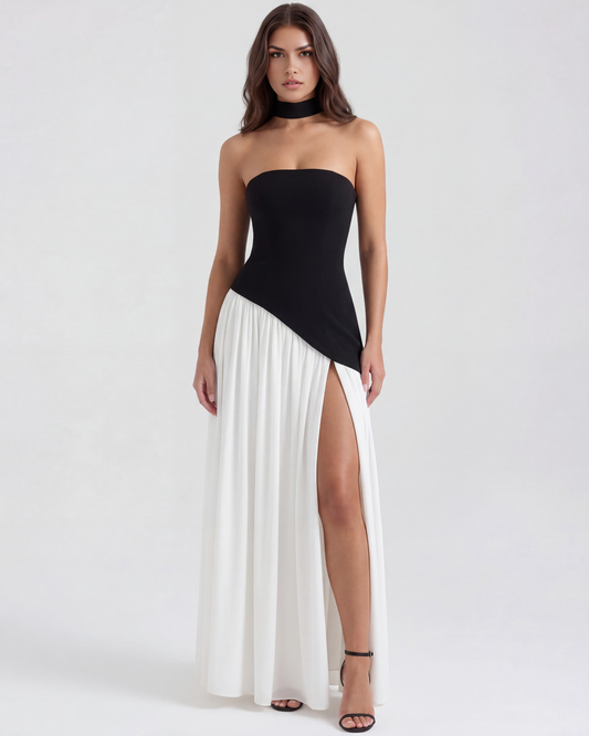Noémie - Black and White Strapless Crepe Maxi Gown - view 2