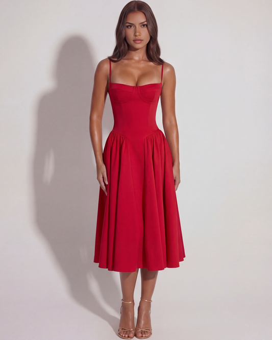 Amelia - Red Corset Twill Midi Dress
