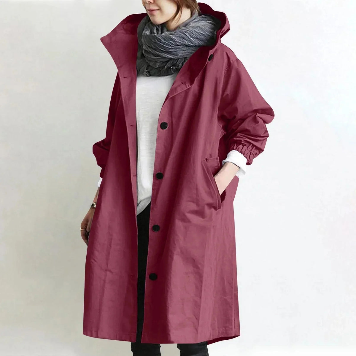 Emmeline - Hooded Longline Trench Coat - Wine Red