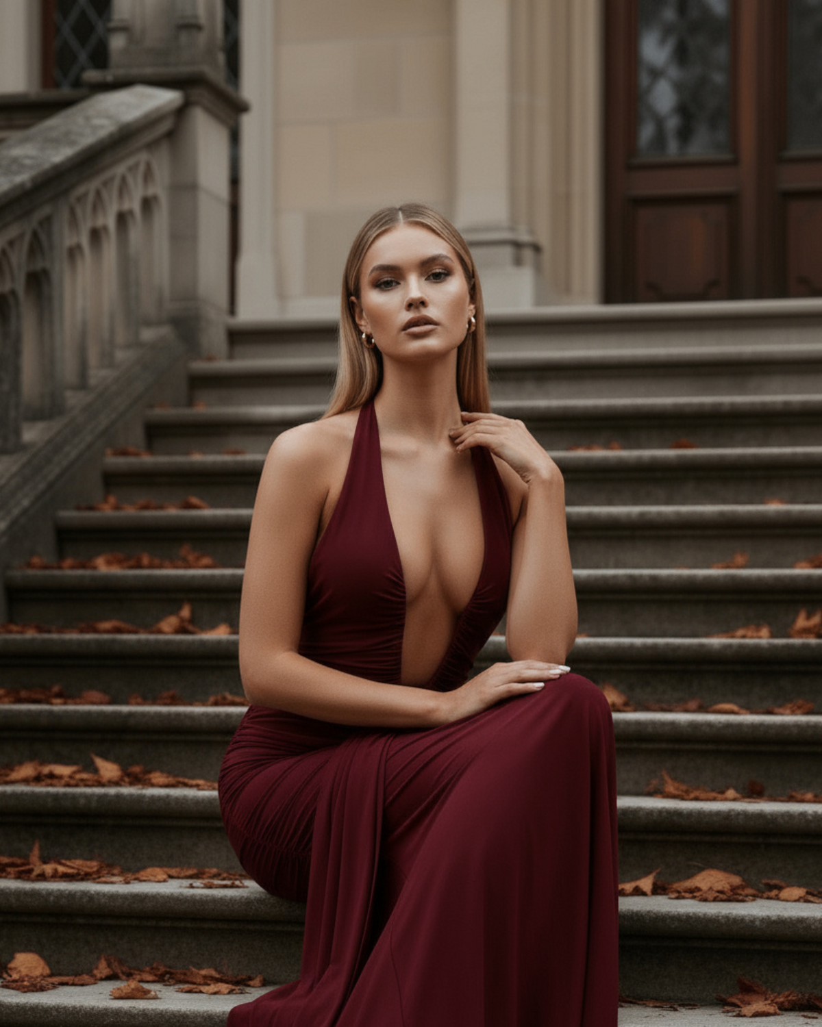 Ivy - Burgundy Ruched Halter Maxi Dress - view 8