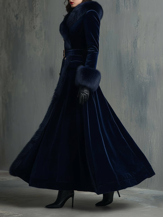 Elegant Mid-Length Velvet Coat with Faux Fur Collar - view 2