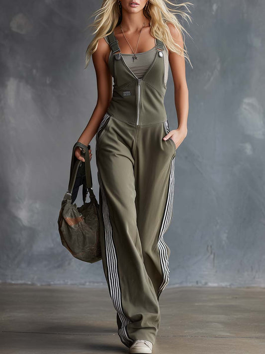 Olive Green Front-Zip Cotton Overalls