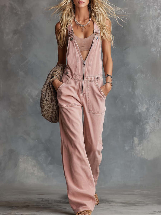 Light Pink Front-Zip Denim Overalls