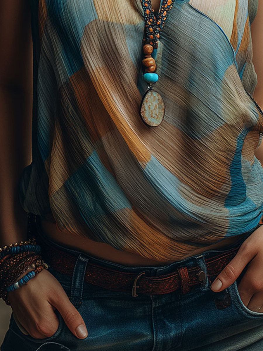Boho Blue and Amber Chiffon Halter Blouse with Scarf Neck - view 7