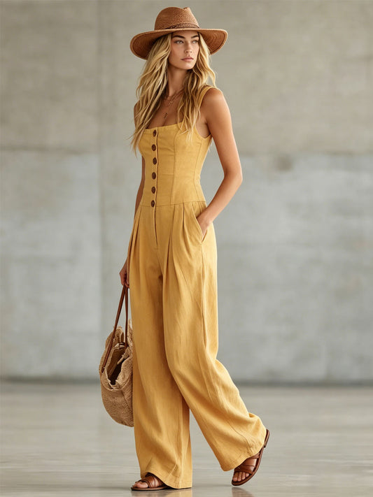 Wide-Strap Cotton-Linen Sleeveless Jumpsuit - view 2