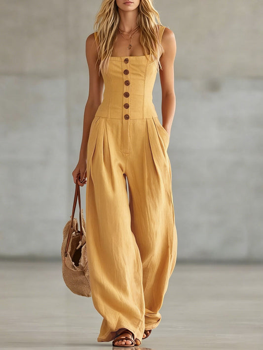 Wide-Strap Cotton-Linen Sleeveless Jumpsuit