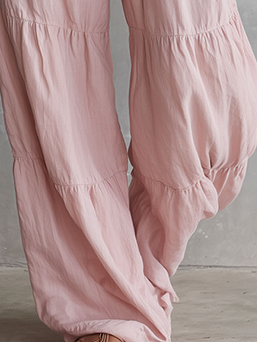 Pink Ruffled Sleeveless Cotton-Linen Jumpsuit - view 5