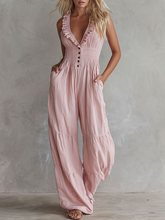 Pink Ruffled Sleeveless Cotton-Linen Jumpsuit