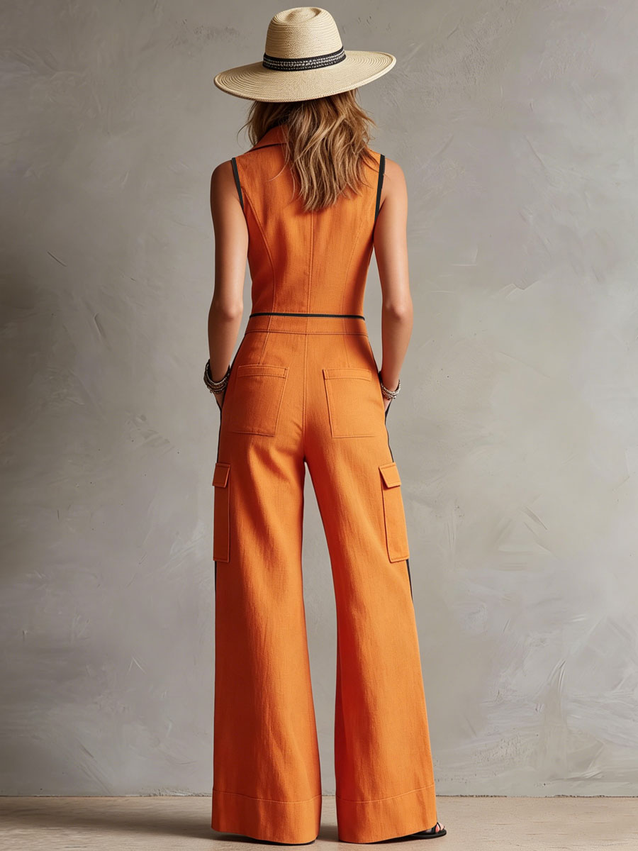 Casual Retro Color-blocked Orange Cotton Linen Sleeveless Jumpsuit - view 4