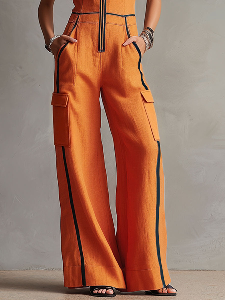 Casual Retro Color-blocked Orange Cotton Linen Sleeveless Jumpsuit - view 6