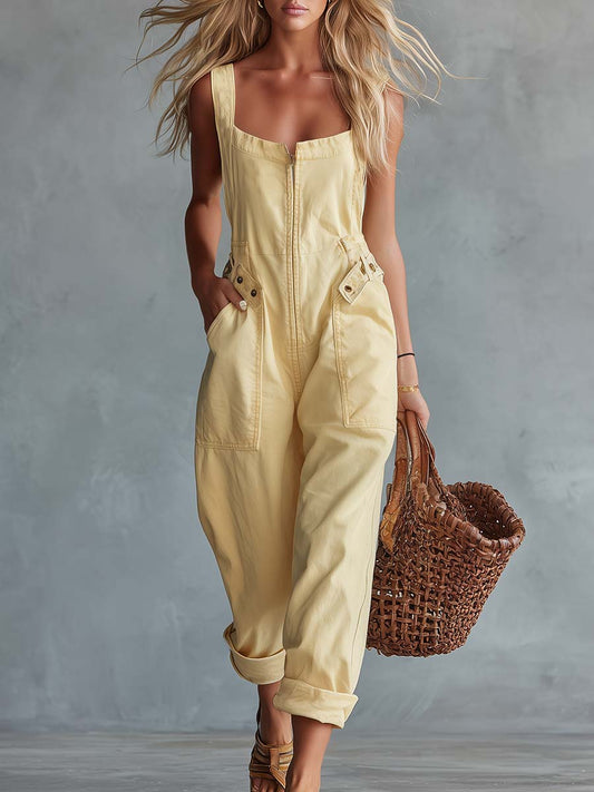 Light Yellow Square Neck Denim Jumpsuit - view 2