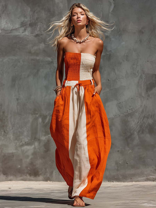 Orange Contrast Strapless Cotton-Linen Jumpsuit - view 2