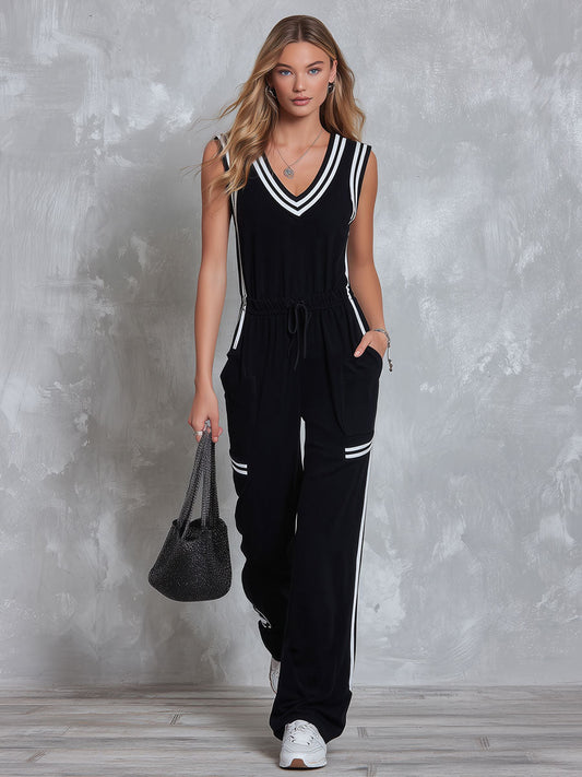 Black Color-Blocked Sleeveless Cotton Jumpsuit - view 2