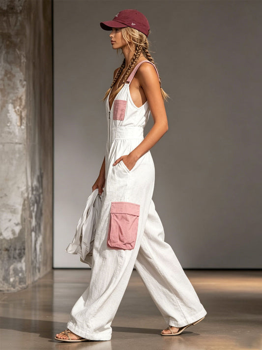 Color-blocked Wide-strap Sleeveless Multi-pocket Jumpsuit - view 2