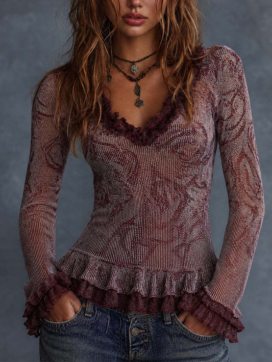 Burgundy Floral Crinkle Ruffle Top