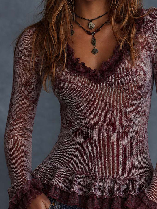 Burgundy Floral Crinkle Ruffle Top - view 2