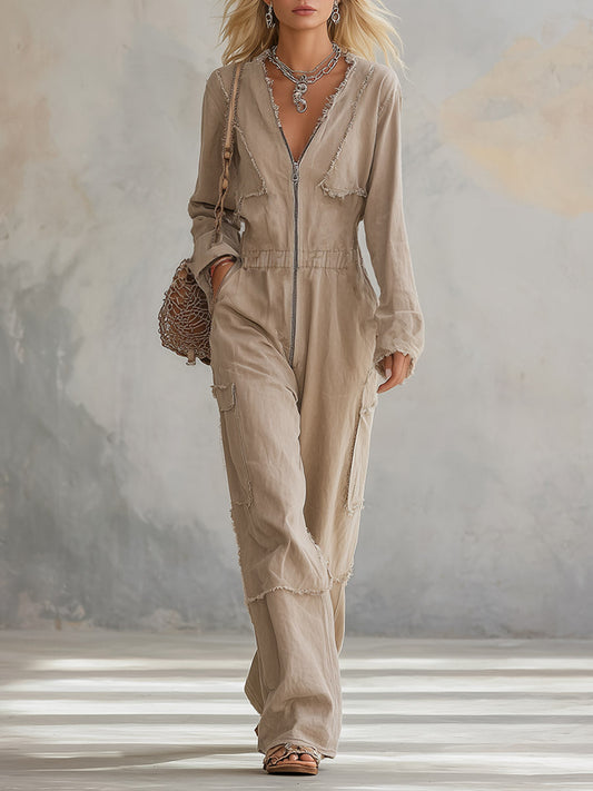 Women's Raw Edge Zip-Up Long Sleeve Wide Leg Cargo Jumpsuit