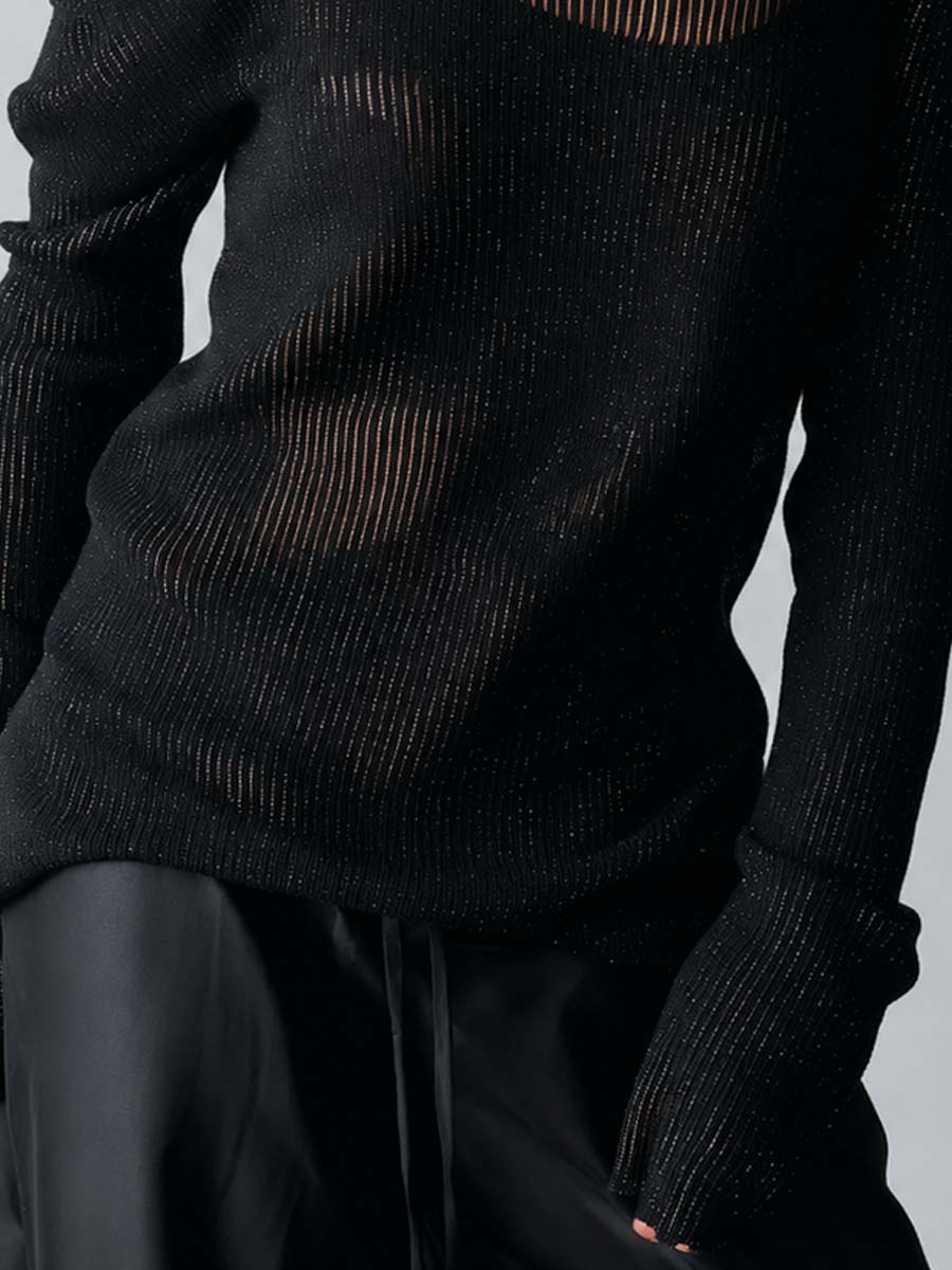 Black Shimmer Asymmetric Off-Shoulder Knit Blouse - view 5