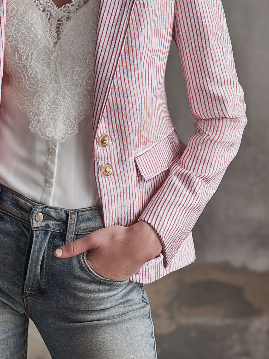 Retro Pink And White Striped Lapel Single-breasted Slim-fit Blazer - view 6