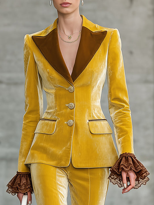Elegant Retro Lace Ruffled Color-blocked Yellow Velvet Blazer