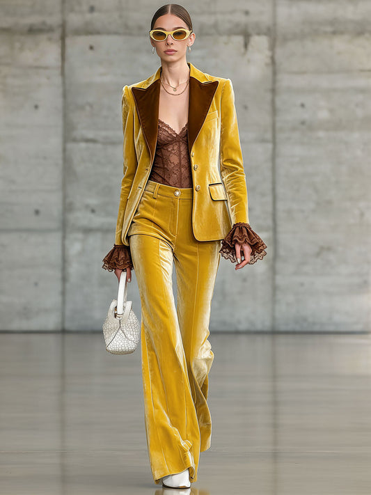 Elegant Retro Lace Ruffled Color-blocked Yellow Velvet Blazer - view 2