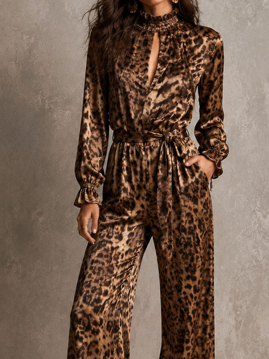 Christine - Leopard Satin Frill Neck Belted Jumpsuit - view 2