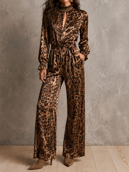 Christine - Leopard Satin Frill Neck Belted Jumpsuit