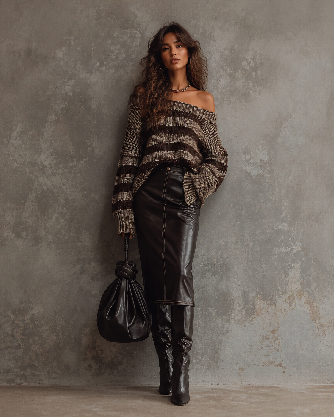 Retro Color-Blocking Off-Shoulder Striped Chunky Knit Sweater - view 2