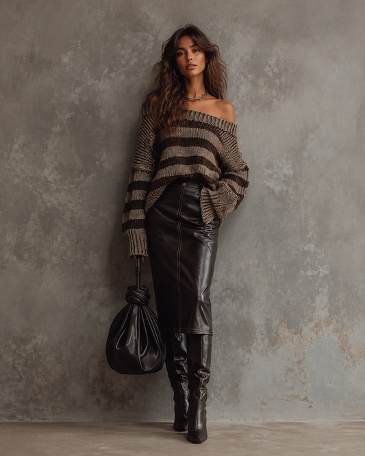 Retro Color-Blocking Off-Shoulder Striped Chunky Knit Sweater - view 2
