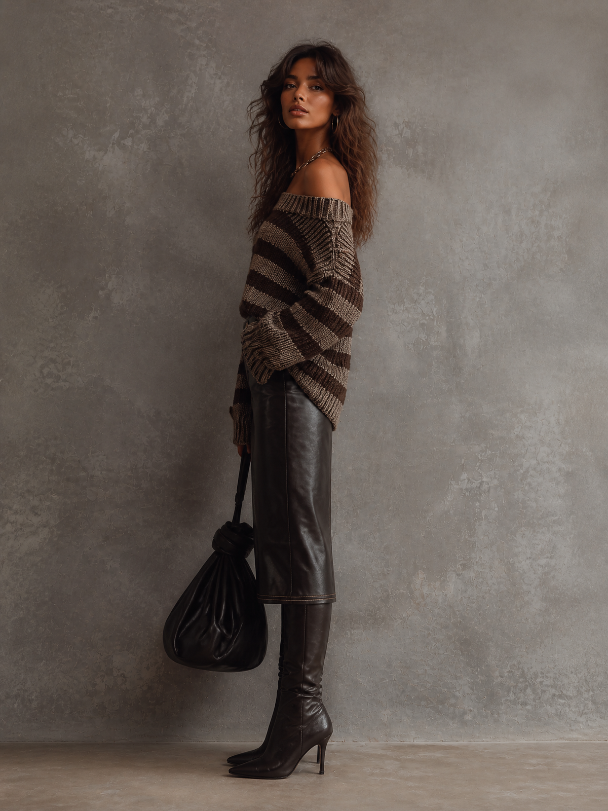 Retro Color-Blocking Off-Shoulder Striped Chunky Knit Sweater - view 3
