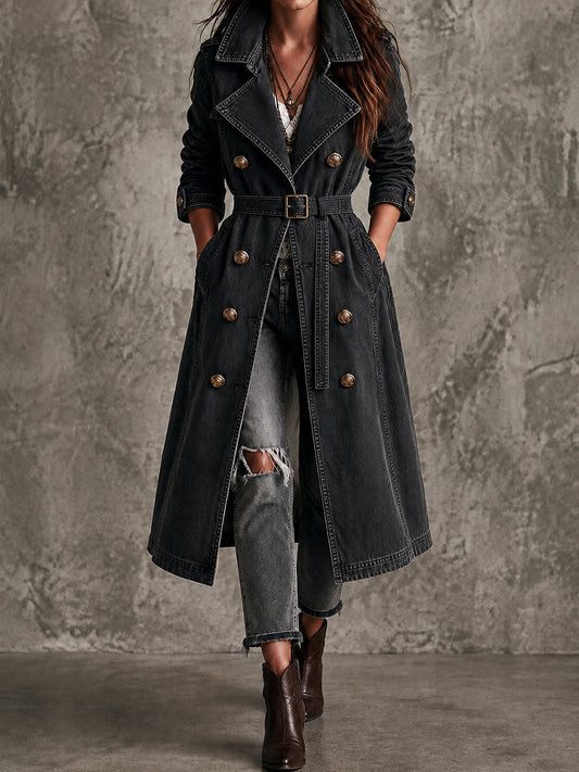 Distressed Denim Belted Trench Coat