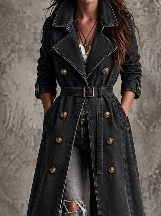 Distressed Denim Belted Trench Coat - view 2
