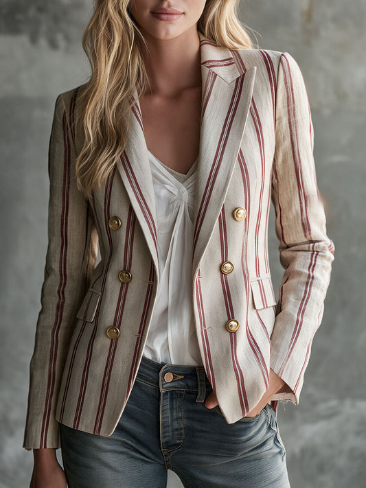 Beige Red-Striped Cotton-Linen Blazer