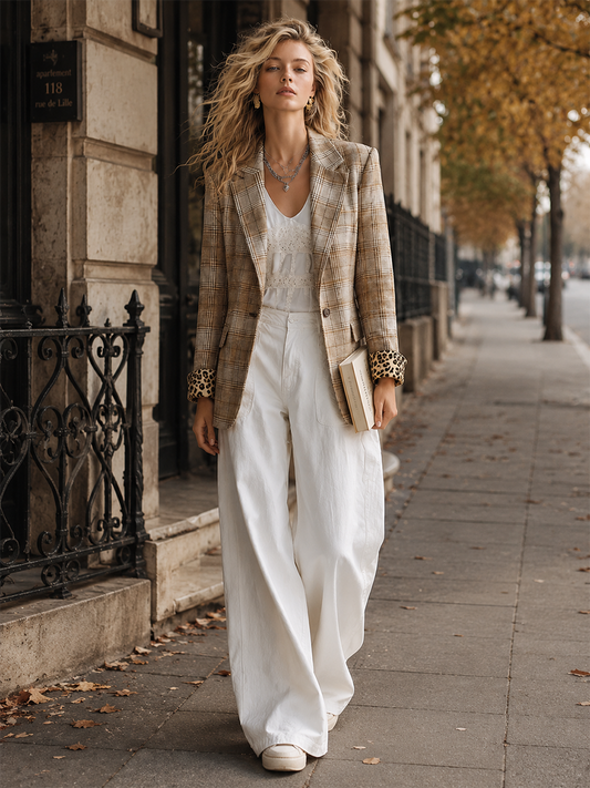 Retro-chic Khaki Plaid Faux-suede Blazer - view 2