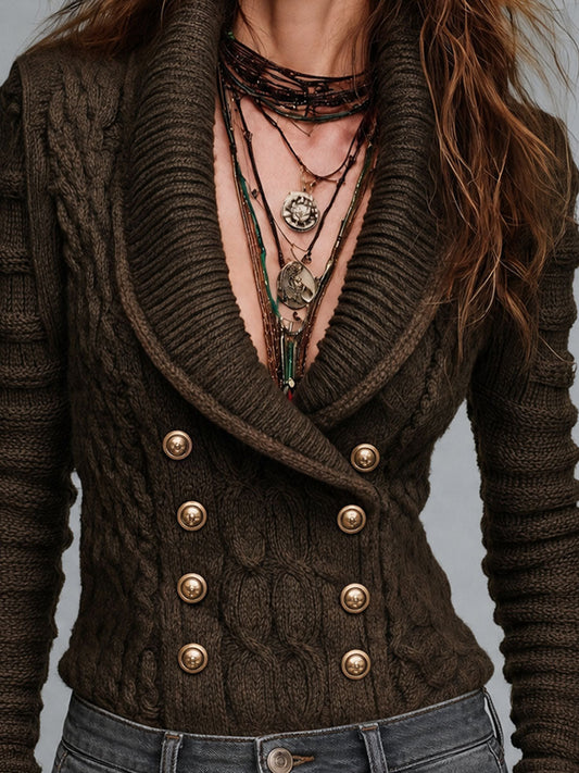 Boho Cable Knit Double-Breasted Shawl Collar Cardigan - view 2
