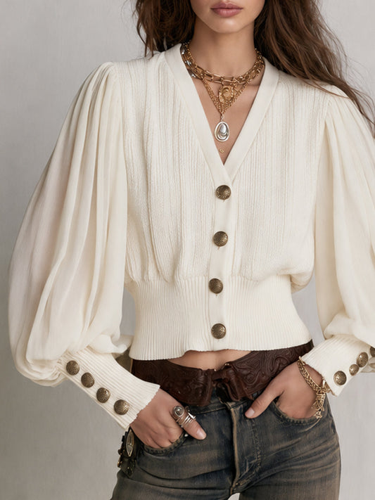 Ivory Ribbed Knit Chiffon Sleeve Cardigan - view 2