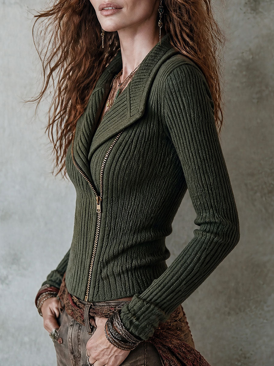 Boho Ribbed Knit Asymmetric Zip Moto Sweater - view 2