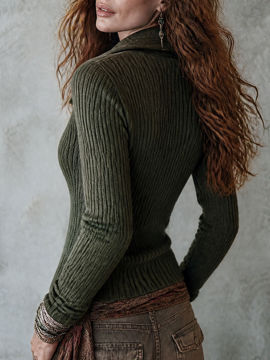 Boho Ribbed Knit Asymmetric Zip Moto Sweater - view 3