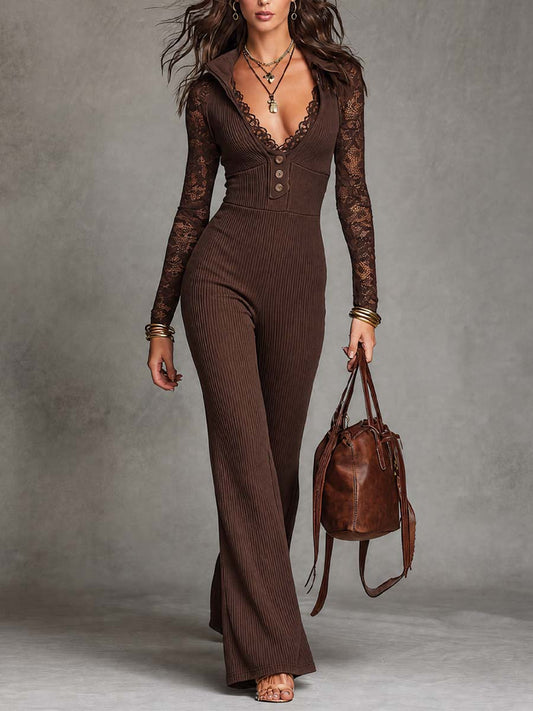 Vivian - V-Neck Lace Sleeve Ribbed Knit Flare Jumpsuit