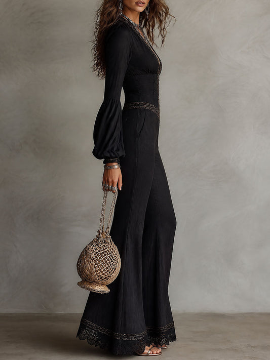 Stephanie - Deep V-Neck Zip-Up Bell Sleeve Flared Jumpsuit - view 2