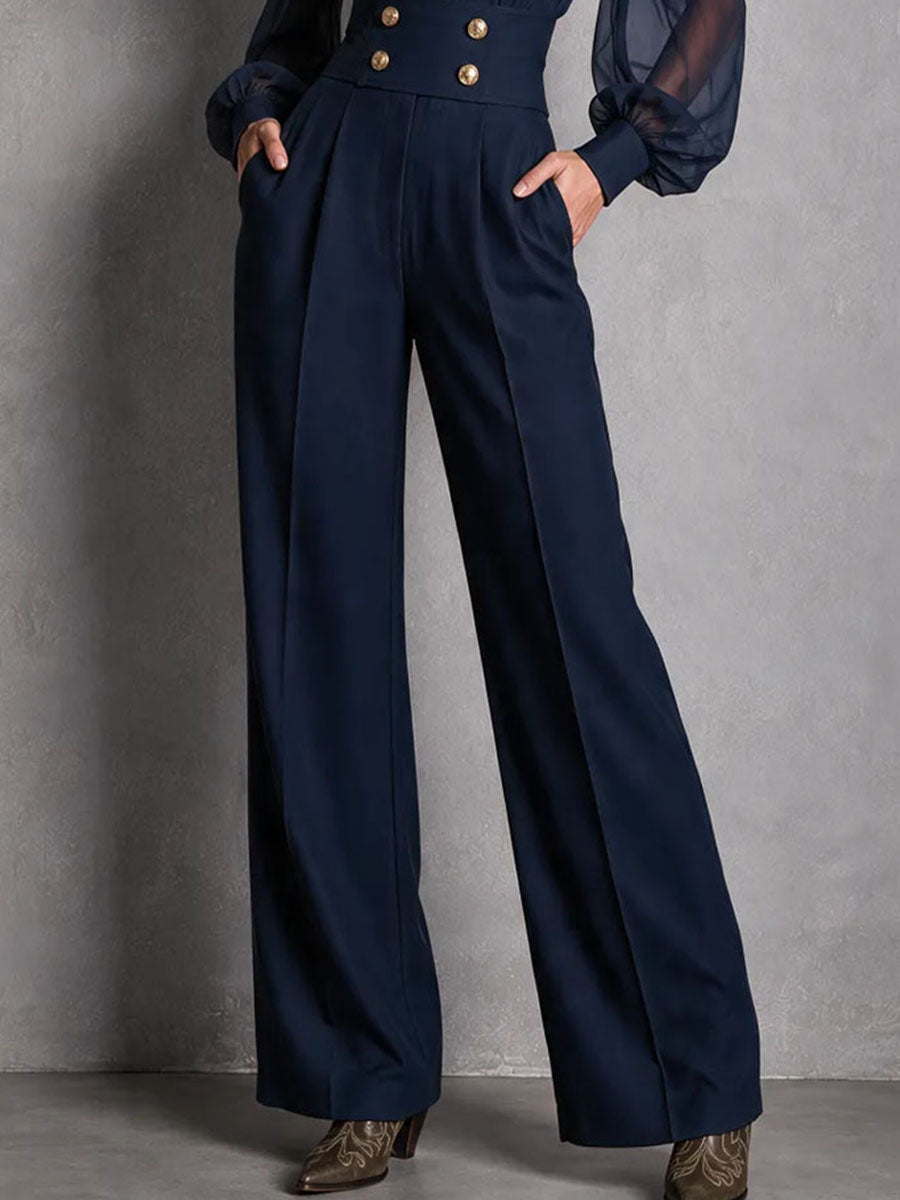 Margaret - Navy Sheer Long Sleeve High Waist Wide-Leg Jumpsuit - view 3