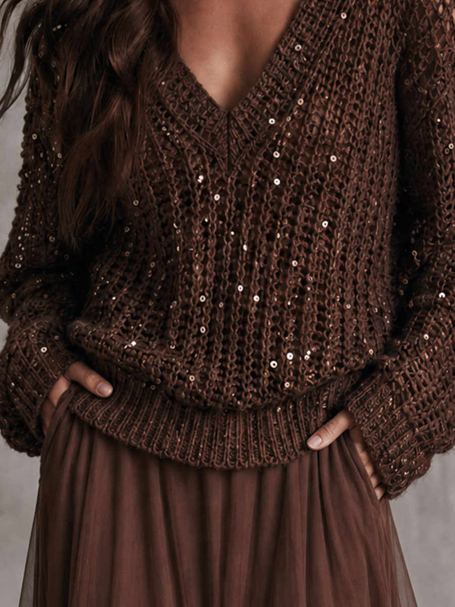 Elegant V Neck Chocolate Sequin Open Knit Loose Sweater - view 3