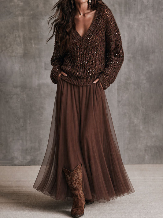 Elegant V Neck Chocolate Sequin Open Knit Loose Sweater - view 2