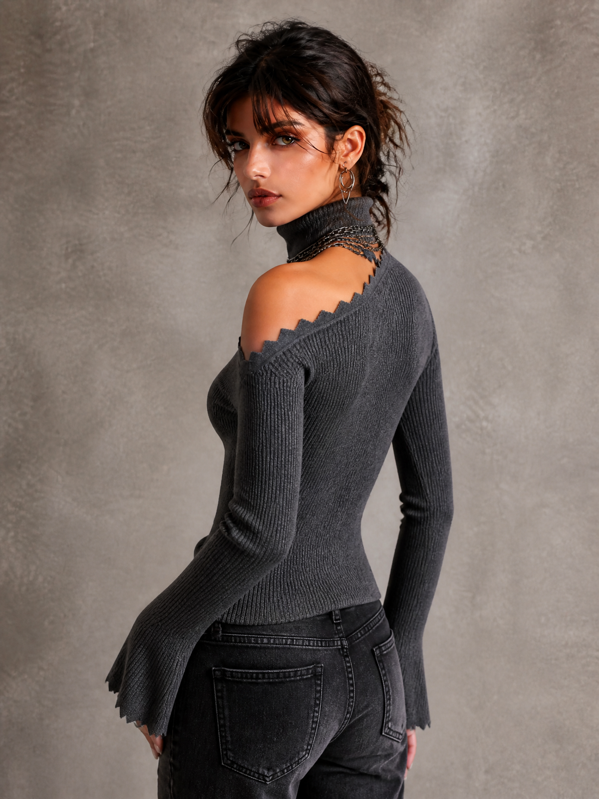Asymmetric Off-Shoulder Ribbed Knit Sweater with Zigzag Trim - view 2