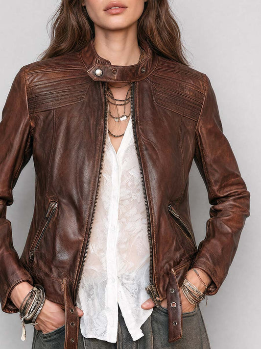 Vintage Brown Leather Moto with Quilted Shoulder Panels Jacket - view 2